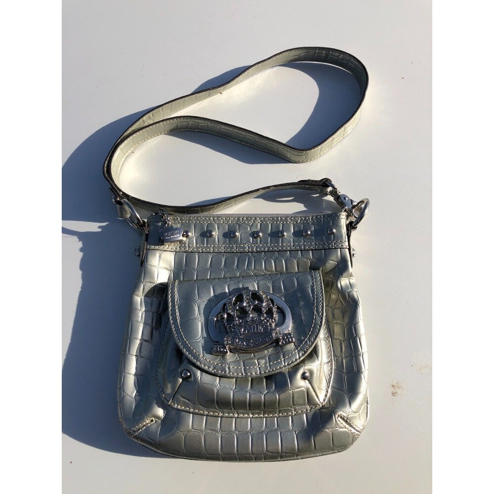 Vtg Y2K Kathy Van Zeeland Silver Crossbody Bag Metallic Croc Crown Bling 9''x9''